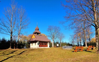 Chapel of divine mercy in Oravska Lesna Slovakia in autumn.