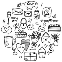 Valentines day doodle set, objects for concept and design, vector illustration flat.