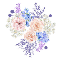 Violet floral bouquet watercolor illustration with hand drawn boho flower, peonies, wildflowers, spring elegant garden flowers in color trandy very peri. Bohemian bouquet illustration for wedding card