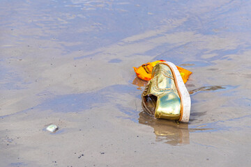 Golden shoe stranded washed up garbage pollution on beach Brazil.