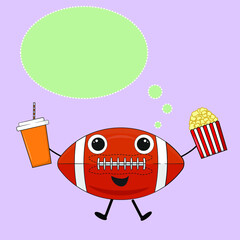 cartoon vector illustration of a rugby ball with eyes and a mouth smiling and holding a glass with a straw and popcorn in his hand on a purple  background.