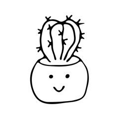 A homemade cactus plant, hand-drawn in the style of a doodle. Vector image of cacti for logos, emblems, cute designs, prints for clothes and cozy interior decor.