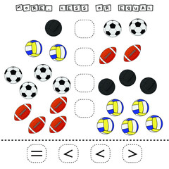 Developing activities for children, compare which more volleyball, medical, soccer and rugby balls . Logic game for children, mathematical inequalities.

