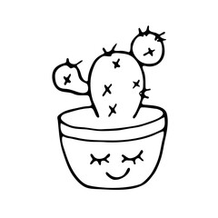 A homemade cactus plant, hand-drawn in the style of a doodle. Vector image of cacti for logos, emblems, cute designs, prints for clothes and cozy interior decor.