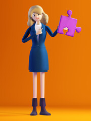 Successful business woman holds puzzle pieces. 3D rendering  illustration. Business, solving problems, consulting, business start up concept.