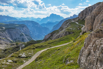 Fototapeta na wymiar Beautiful summertime scenery in Tre Cime di Lavaredo National park in Italian Dolomites.