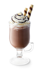 hot chocolate with whipped cream and striped wafer rolls in glass cup