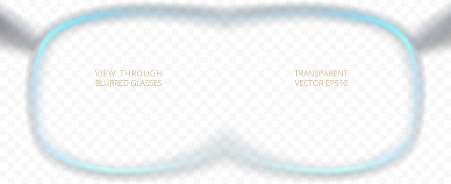 View through blurred eyeglasses. Realistic 3d frame of rim glasses. Vector transparent spectacles. Light blue edge of lenses. Useful for ads of optometrist and developing of augmented reality devices