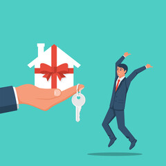 Gift home. Happy man takes a gift. Man holding a white paper house as a gift wrapped with ribbon and bow. Key on the finger. Vector illustration flat design. Surprise estate.