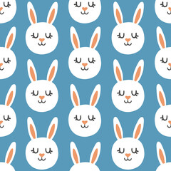 cute children's print with the faces of gray rabbits on a blue background. cute vector seamless pattern. bunny, hare