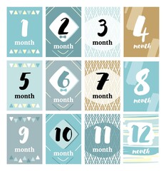 Milestone Cards 12-month template for newborns, minimalism vector illustration,stickers for boy and girl of 0-12 months. Vector illustration of a baby shower.