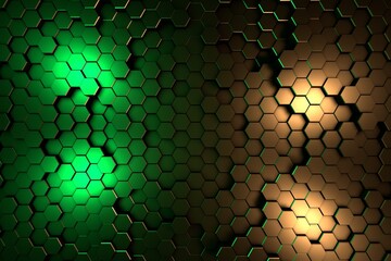 Honeycomb neon light 3D background abstract minimalistic texture with many rows of volumetric shapes of hexagons lying in the light. Animation. Mobile briquette wall.