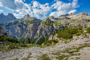 Beautiful summertime scenery in Tre Cime di Lavaredo National park in Italian Dolomites.