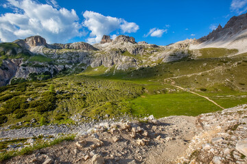 Beautiful summertime scenery in Tre Cime di Lavaredo National park in Italian Dolomites.