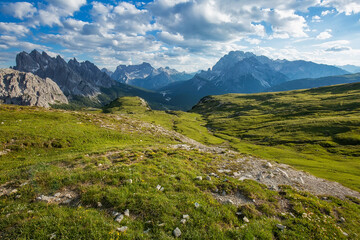 Fototapeta na wymiar Beautiful Summertime scenery in Tre Cime di Lavaredo National park in Italian Dolomites.