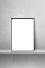 Black picture frame leaning on a grey shelf. 3d illustration. Vertical background