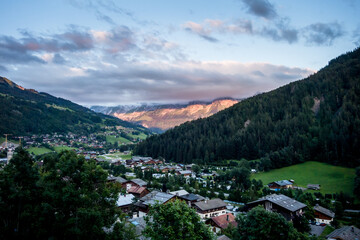 Sunset on The Grand-Bornand village and the Aravis mountain range