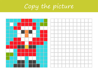 Game for kids. Copy the picture and color page with a cute Santa Clause. Pixel art. Drawing skills training. Printable worksheet. Vector illustration