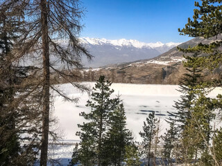 Mountain lake landscape in winter