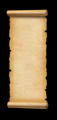 Old paper vertical banner. Parchment scroll isolated on black