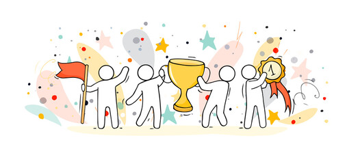 Sketch of working little people with victory symbols.