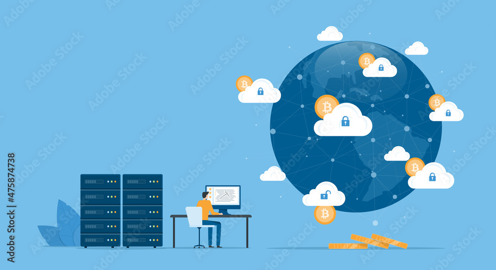 Poster business flat vector design technology cloud mining network connection server concept. business team