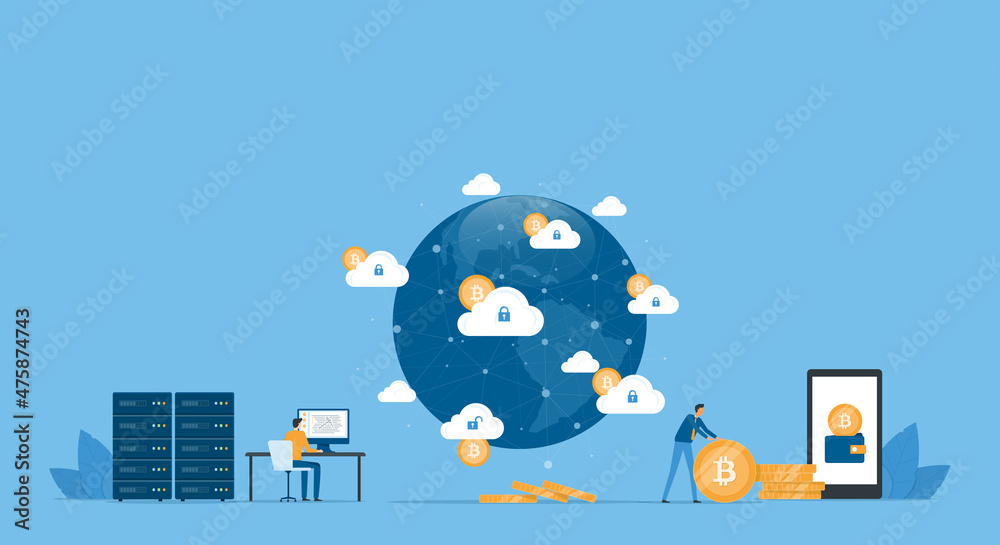 Poster business flat vector design technology cloud mining network connection server concept. business team