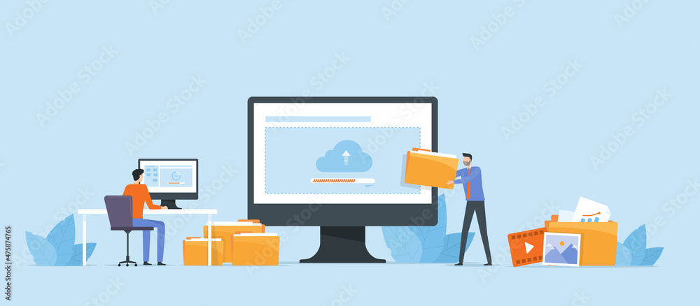 Poster Business Flat vector design technology file upload backup on cloud server concept. Business team working with computer monitor. Illustration cartoon character design 
