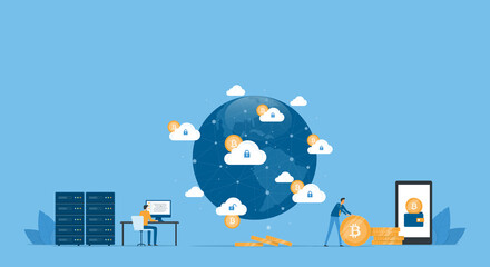 Business Flat vector design technology cloud mining network connection server concept. Business team people working. Illustration cartoon character design
