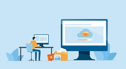 Business Flat vector design technology file upload backup on cloud server concept. Business team working with computer monitor. Illustration cartoon character design 
