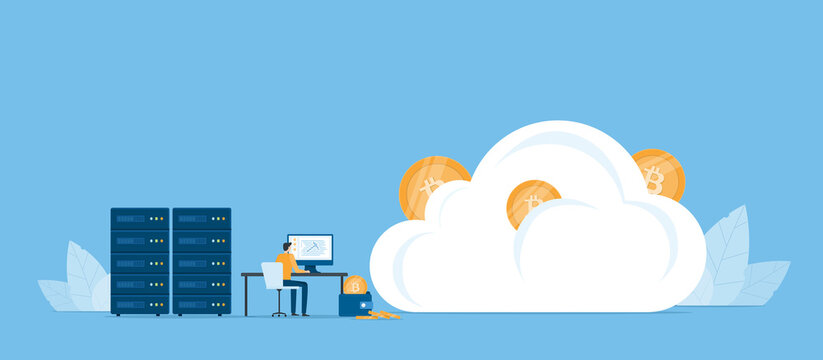Business Flat vector design technology cloud mining network connection server concept. Business team people working. Illustration cartoon character design