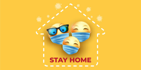 Stay home 3d emoji with face mask vector design