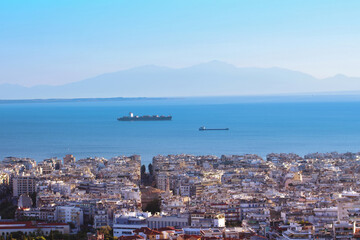 Panoramic view of Thessaloniki city, the sea and the Olympus mountain, Thessaloniki, Greece