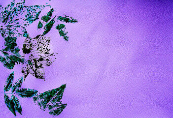 Painted prints of green leaf  isolated on purple background. Vector illustration
