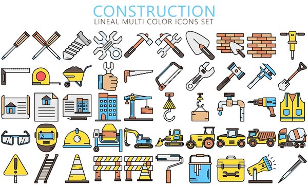 Simple Set of Construction Related Vector lineal multi color Icons. include shovel, roller, paint and others. Used for modern concepts, web, UI, UX kit and applications. EPS 10 ready to convert to SVG