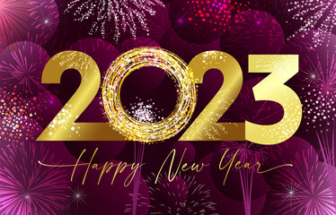A Happy New Year 2023 congrats. Shiny night backdrop. Abstract isolated graphic design template. Decorative digits 0, 2, 3. Gold logotype concept in 3D style. Creative purple bg. Christmas eve decor.