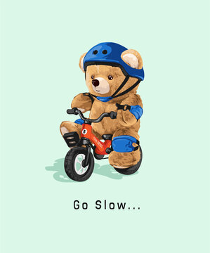 Go Slow Slogan With Bear Doll In Safety Gear Riding Bicycle Vector Illustration