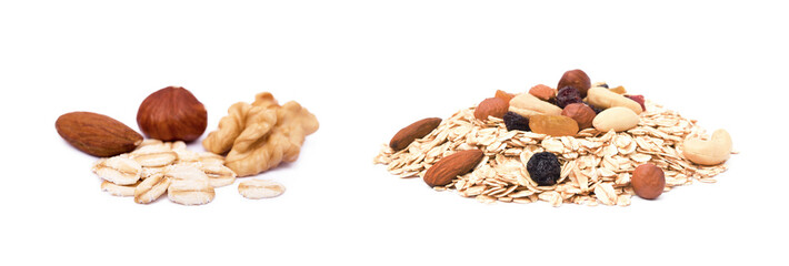 Mix nuts, raisins and oatmeal isolated on white background