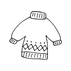 Handmade knitted sweater vector illustration in the style of cartoon contour doodles. Seasonal warm clothes, a symbol of comfort. A fashion accessory. Warm wool knitwear. Black and white outline. - obrazy, fototapety, plakaty