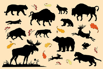 a set of isolated silhouettes of wild forest animals, isolated on a colored background with leaves and berries 