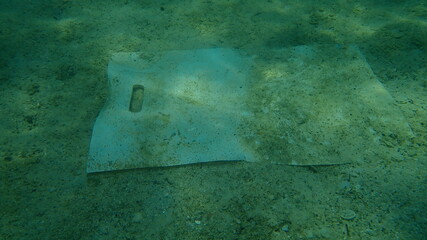 Plastic garbage underwater, Aegean Sea, Greece, Halkidiki. Sea pollution.