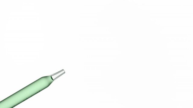 Macro shot of green drop is dripping from chemical dropper on white background | Abstract face care lotion ingredients formulation concept