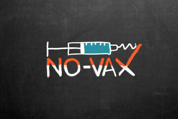 Covid-19 Anti Vax. Anti Vaccination Symbol.  No-Vax movement. A syringe collides and breaks against no-vax. Denial, blame.