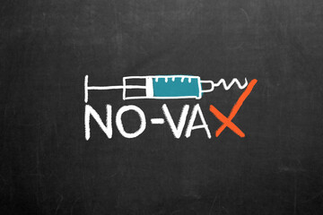 Covid-19 Anti Vax. Anti Vaccination Symbol.  No-Vax movement. A syringe collides and breaks against no-vax. Red X. Denial, blame.