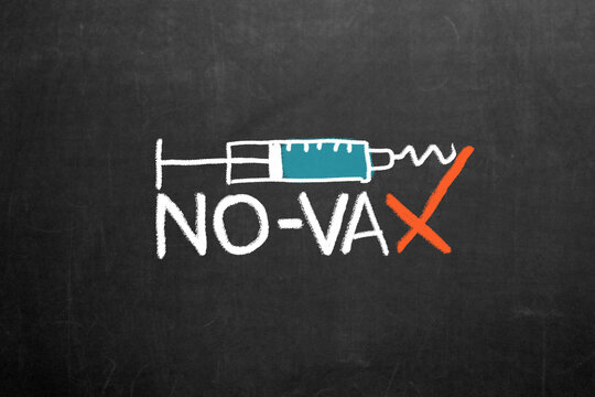Covid-19 Anti Vax. Anti Vaccination Symbol.  No-Vax movement. A syringe collides and breaks against no-vax. Red X. Denial, blame.