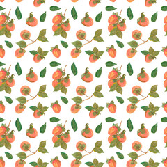 Persimmon is orange and ripe with leaves, painted in gouache on a white background, the pattern is seamless