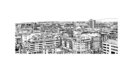 Building view with landmark Logrono is a city in northern Spain. Hand drawn sketch illustration in vector.