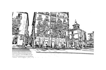 Building view with landmark Logrono is a city in northern Spain. Hand drawn sketch illustration in vector.