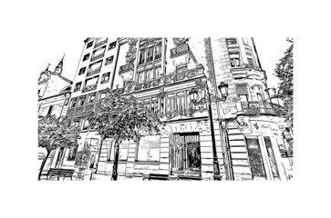 Building view with landmark Logrono is a city in northern Spain. Hand drawn sketch illustration in vector.