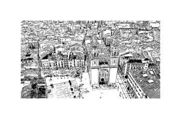 Building view with landmark Logrono is a city in northern Spain. Hand drawn sketch illustration in vector.